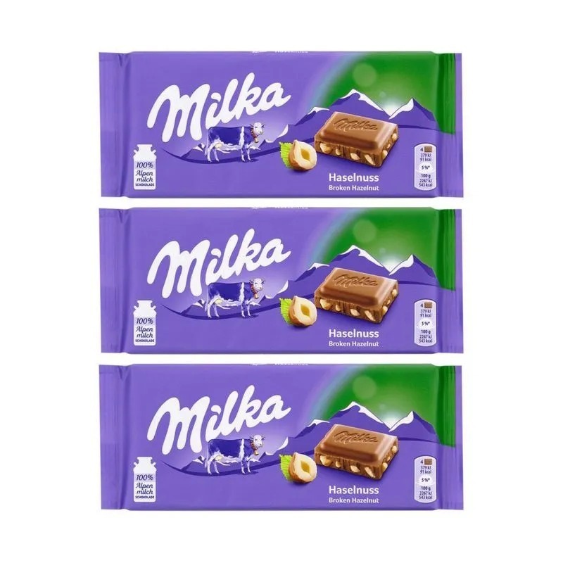 Kit C/ 3 Unid. Barra De Chocolate Importado Com Avelã Milka 100 G