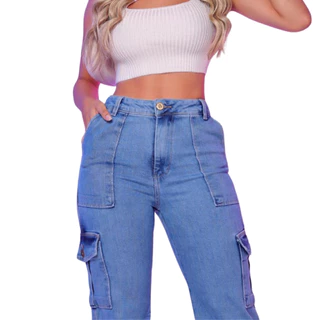 Calca Cargo feminina Com detalhes no Bolso Wide Leg