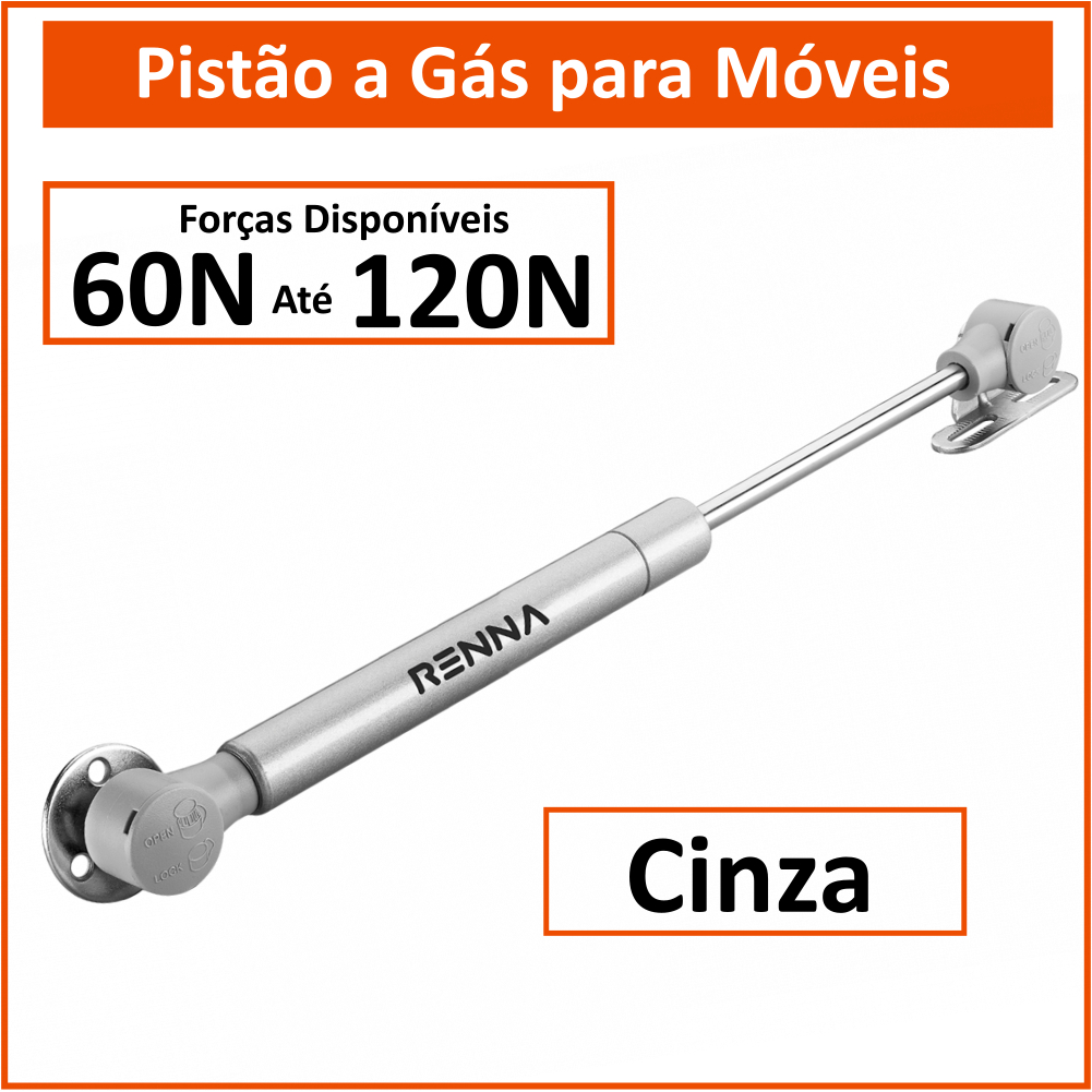 Pistão a Gás para Moveis Armários - Cinza - Força Normal: 60N 80N 100N 120N - Renna