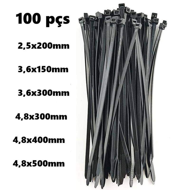 Kit 100 Cintas Plásticas Abraçadeira Nylon Enforca Gato Preta e Branca Todos os Tamanhos