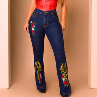 Calça Country Feminina Bordada Desenho Cavalo Colorido Roça
