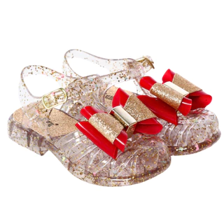Sandália dourada festa menina laço vermelho infantil calçados glitter bebê juju shoes