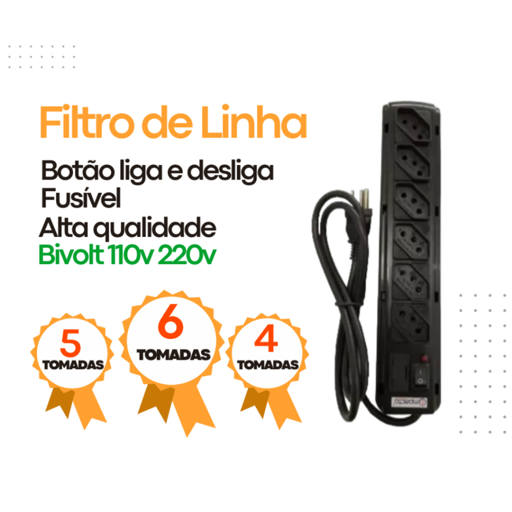 Régua de Tomadas Bivolt com Fusível Proteção e Conveniência em um só Produto Filtro De Linha Extensão Régua De Tomadas 6, 5, 4 e 3 Tomadas 10 A Bivolt Com Fusível