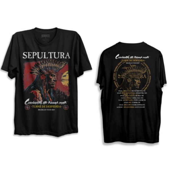Camiseta Sepultura Tuor 2024 100% algodão malha preta Marca: Bomber Rockwear