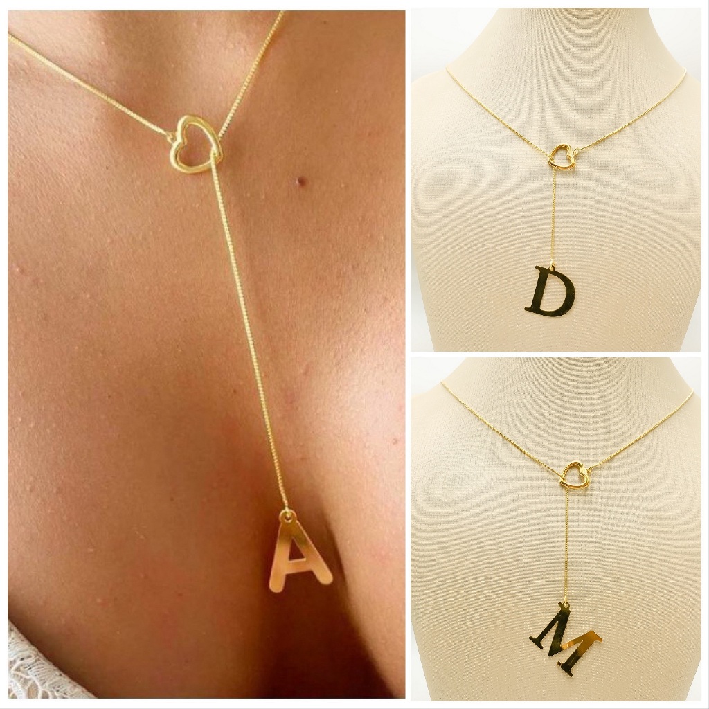 Colar Feminino Gravatinha de Letra Inicial Folheado a Ouro e Prata925