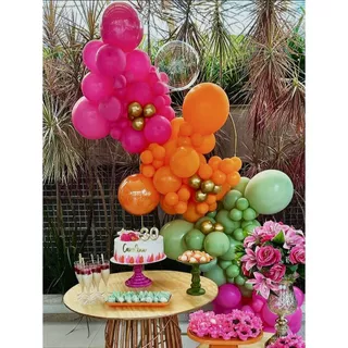 Balão de aniversário kit 129 balões - Rosa maravilha + Laranja + Sálvia para decoração de Festas.