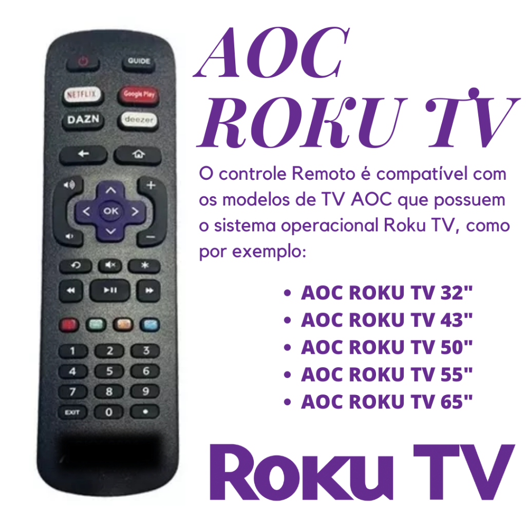 Controle Remoto Compatível Com TV AOC Roku Smart Netflix DAZN