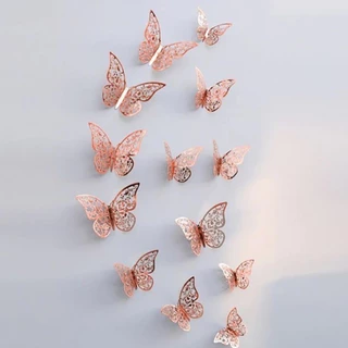 Kit contem 12 Borboletas 3D Vazada Decorativa Adesiva Rosê Gold/ Dourada