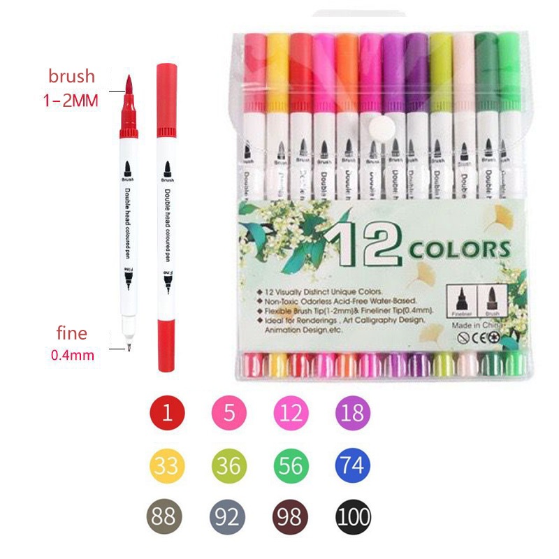 Kit 12 Canetinhas 2 em 1 Brush Lettering e Ponta Fina Dual Pen Para escrever e colorir