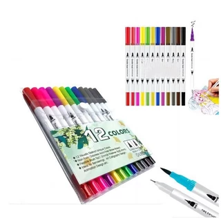 Kit Canetas 2 em 1 Brush Pen + Fineliner 12 cores