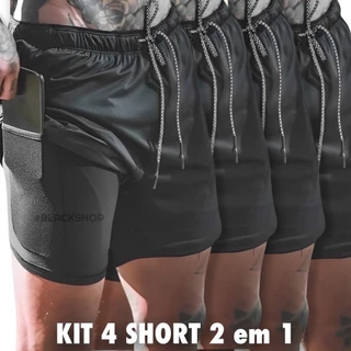 KIT 4 Short 2 em 1 RUN Dry Fit Masculino Com Elastano Academia Treino Corrida