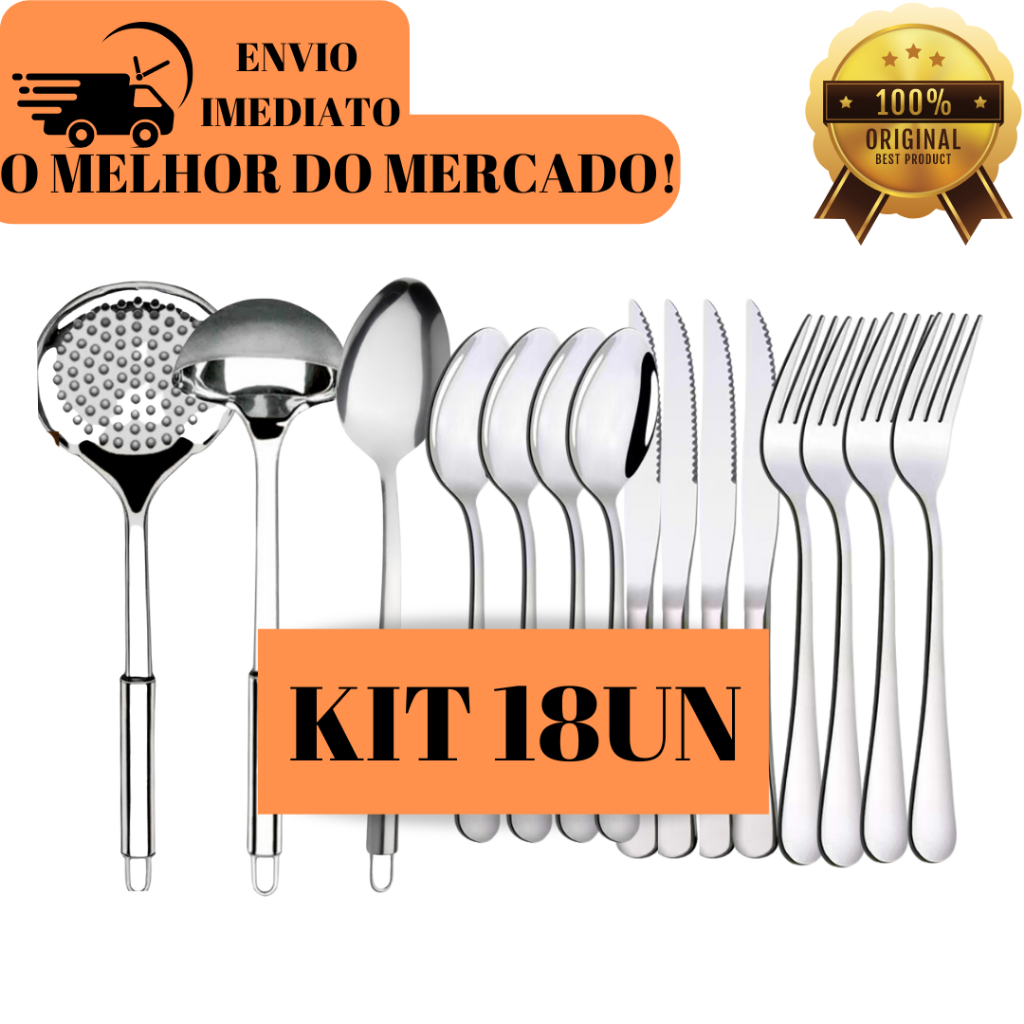 Kit Jogo 03 Utensílios + 15 Talheres De Aço 100% Inox Original Multiuso ...
