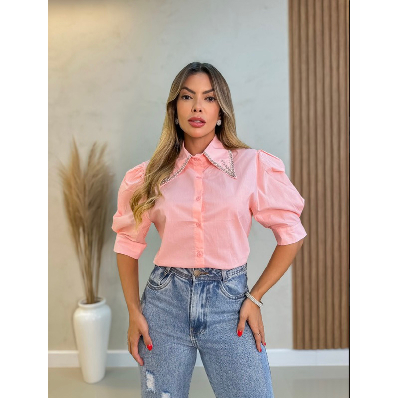 Camisa feminino manga curta com pedrinha na gola B0809 Made in China