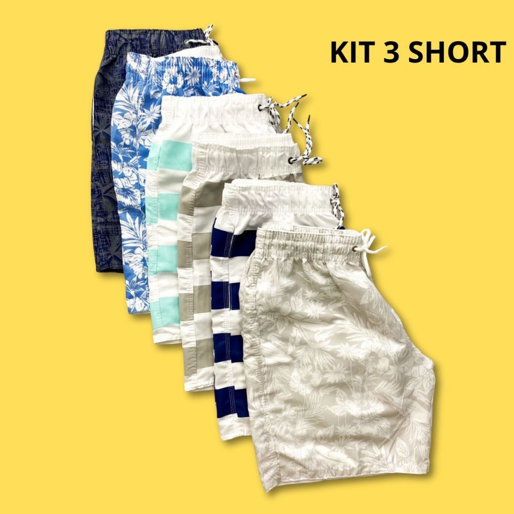 Kit 3 Short Bermuda Masculino Tactel Mauricinho Adulto Bermudas Piscina Praia Calção Grosso Academia