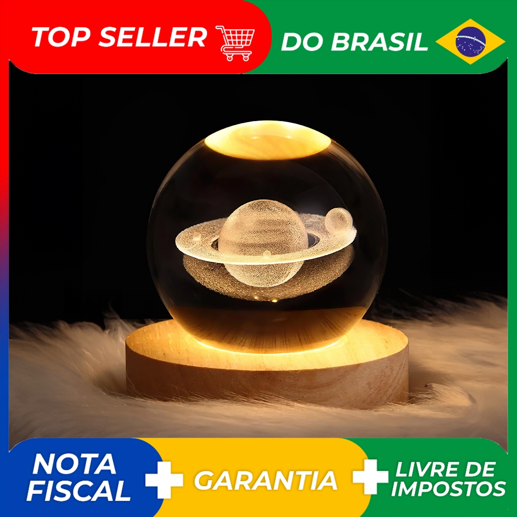 Luminária Cristal De Mesa Planeta Terra Galáxia Sistema Solar LED Base Madeira Enfeite Decorativo Casa