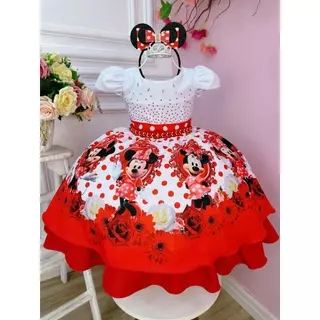 Vestido Infantil Temático da Minnie Vermelho Bolinhas Pérolas Acompanha a Tiara