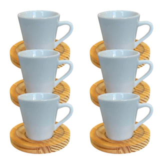 Jogo 6 Xicara Cafe Branca Porcelana 120ml com Pires Madeira Premium