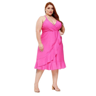 Vestido Midi Tecido Marant Alça Larga com Gola V Babado na Saia Plus Size