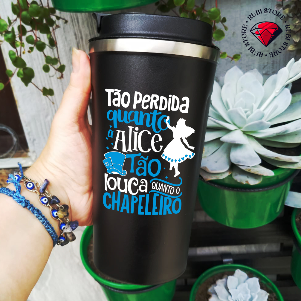 Copo Térmico com Termômetro Mais Perdida que Alice