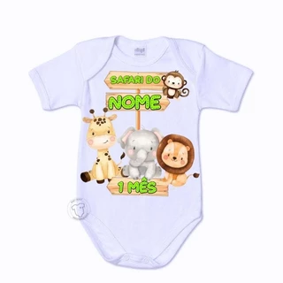 Body bebê personalizado com nome e mes 1 a 12 mesversario Safari