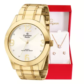 Relógio Champion Feminino Analógico Dourado + Kit Colar e Brincos Original À Prova D