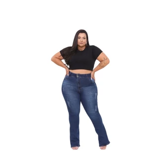 Calça Jeans Feminina Cintura Alta Plus Size Flare Elastano