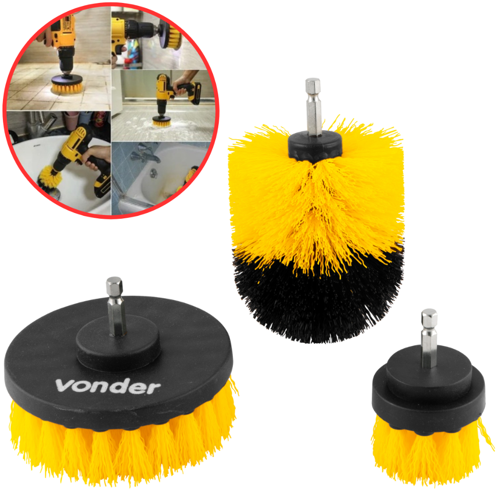 Kit 3 Escovas Para Furadeira Limpa Sofa Carpete Banheiro Rejunte Limpeza Geral Vonder