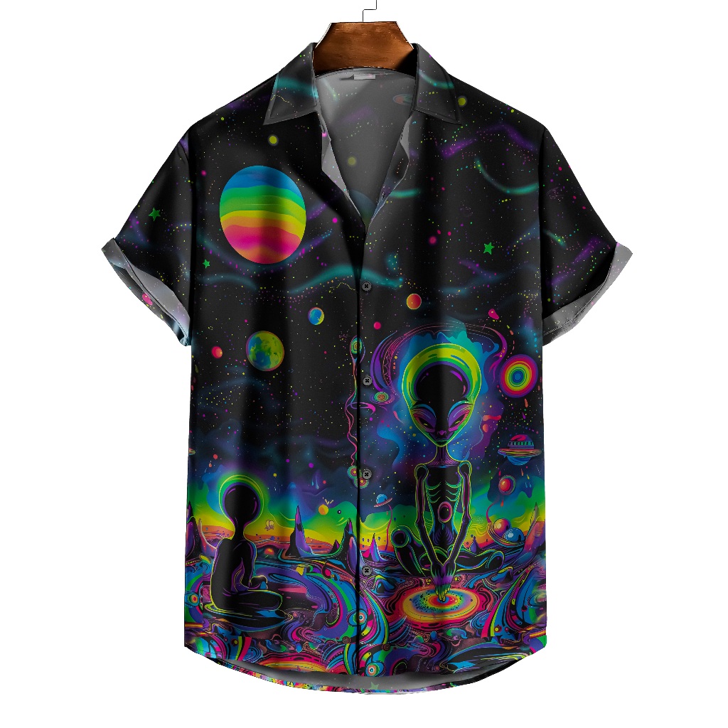 Camisa de Botão Alien rave psicodelica music festival space galaxia cores neon