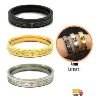 Anel aço inoxidável Pai Nosso aliança inox 4 mm largura feminino masculino aneu aço 316L prata dourado preto oração religioso cruz fino