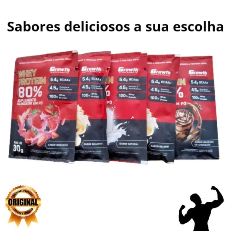 kit 5 und sache Whey Growth Concentrado 30g sabores variados treino academia