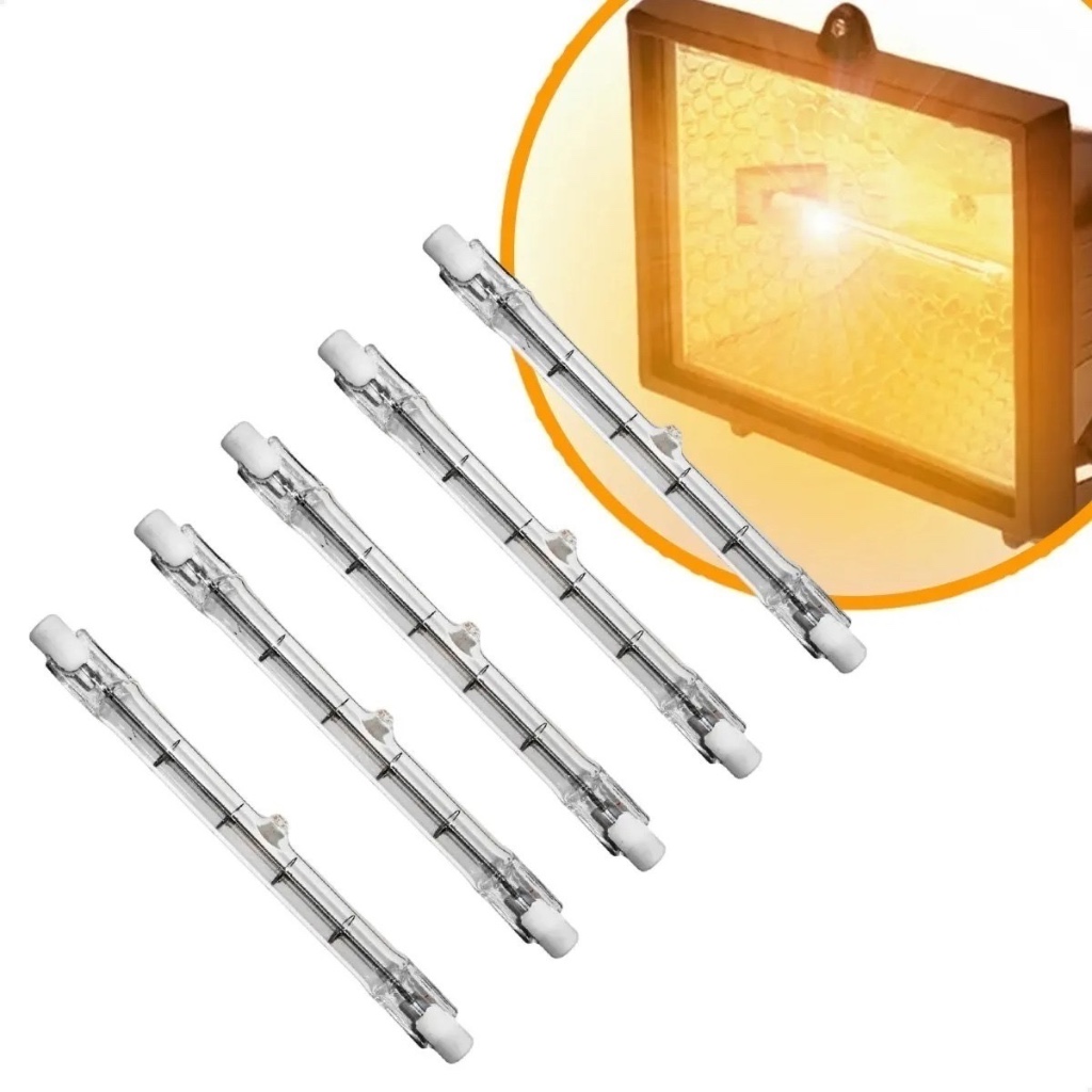 Kit 5 Lâmpada Halógena Palito 200W 300W 500w 110 220 Volts 3000K Branco Quente Iluminação Refletor Fachadas Estúdio Fotografia Estacionamentos