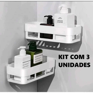 Kit Com 3 Suportes Prateleira Suporte Organizador Cozinha Banheiro Plástico Com Adesivo
