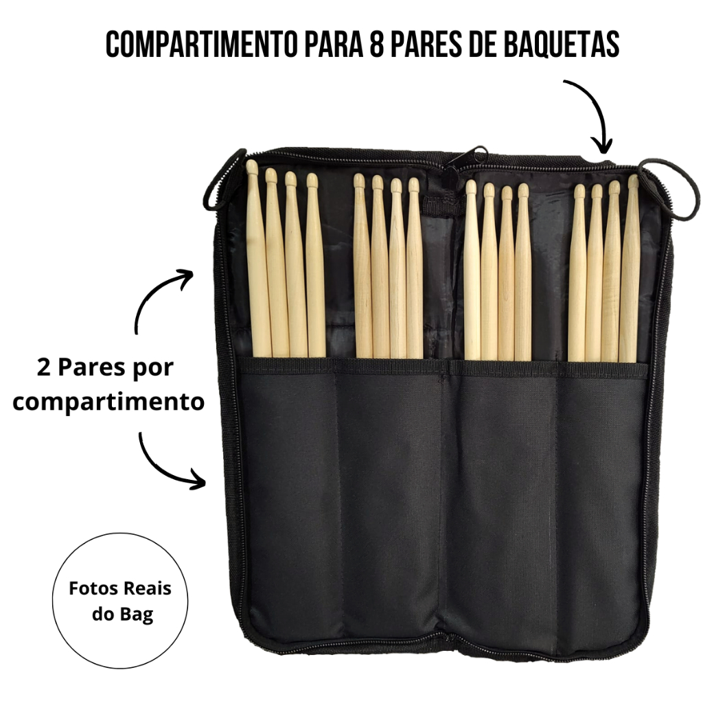 Kit 4 Pares Baquetas 7A Variadas + Bag Capa Baquetas + Chave