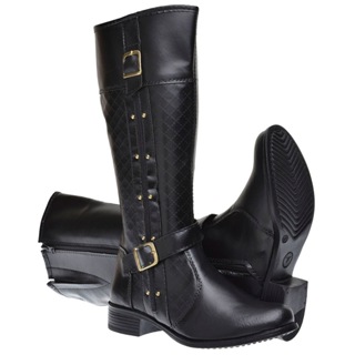 Bota com Fivela Montaria Salto Baixo Zíper Feminina