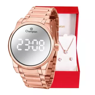 Relógio Champion Feminino Digital Espelhado Rosê + Kit Colar e Brincos Origina CH40124M