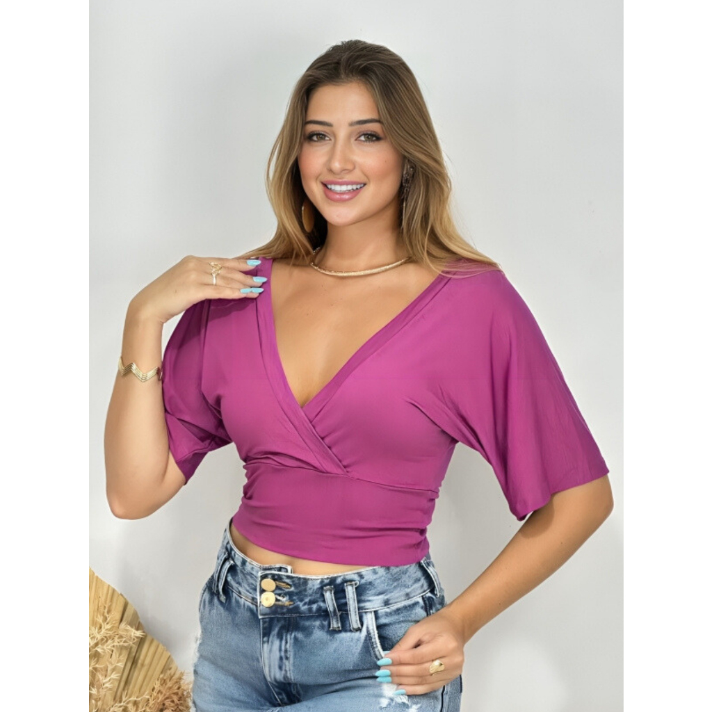 Blusa Cropped Feminina Jolie 2171 Transpassada com Decote Punho