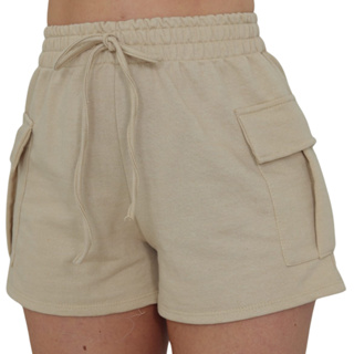 Short Cargo Moletinho Bolso Lateral Cós Elástico Cintura Alta Cordão Verão Academia