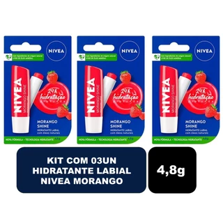 Kit com 03un Protetor Nivea Hidratante Labial Morango - 4,8g