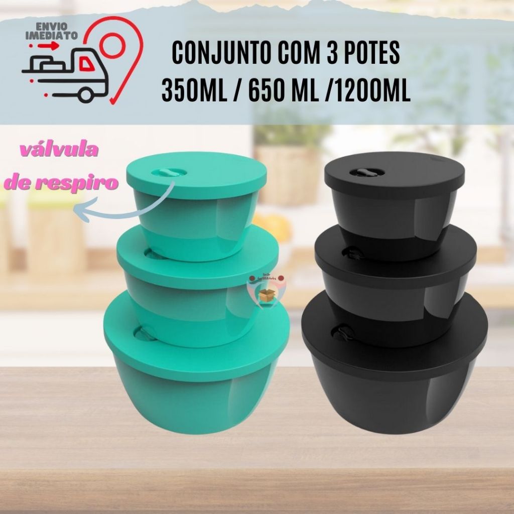 Kit Conjunto 3 Potes Tampa Com 350ml / 650ml /1200ml Plástico Muito Resistente Organizador de Alimentos Porta Mantimentos Para Cozinha Cores Diversas