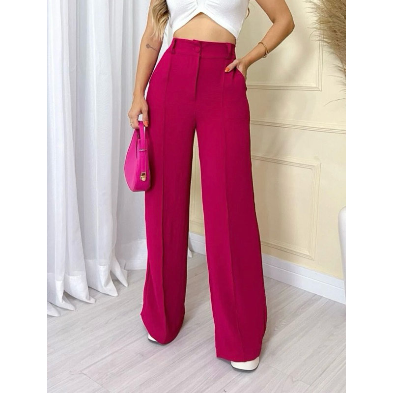 Feminina Calça Crepe Duna Pantalona Com Botao Shopee Brasil