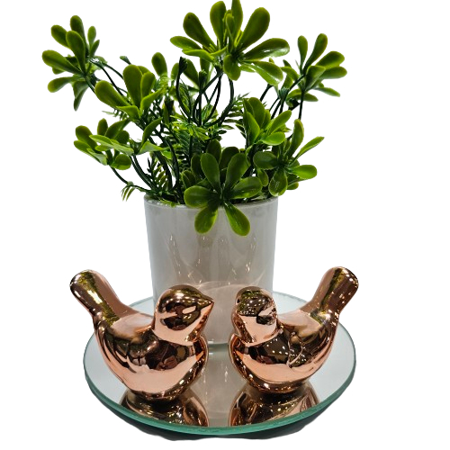 Vasinho floral com bandeja redonda e passarinhos de porcelana