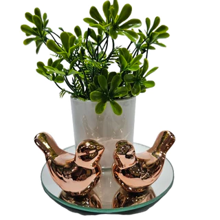 Vasinho floral com bandeja redonda e passarinhos de porcelana
