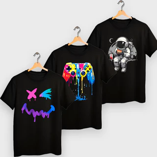 Camiseta Infantil e Juvenil Menino e Menina Preta Varias estampas modernas 4 a 16 anos
