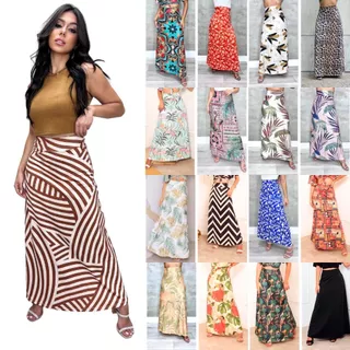 Saia Longa Estampada Feminina Cintura Alta Moda Evangélica Sem Fenda Suplex Liso Estampado Preto
