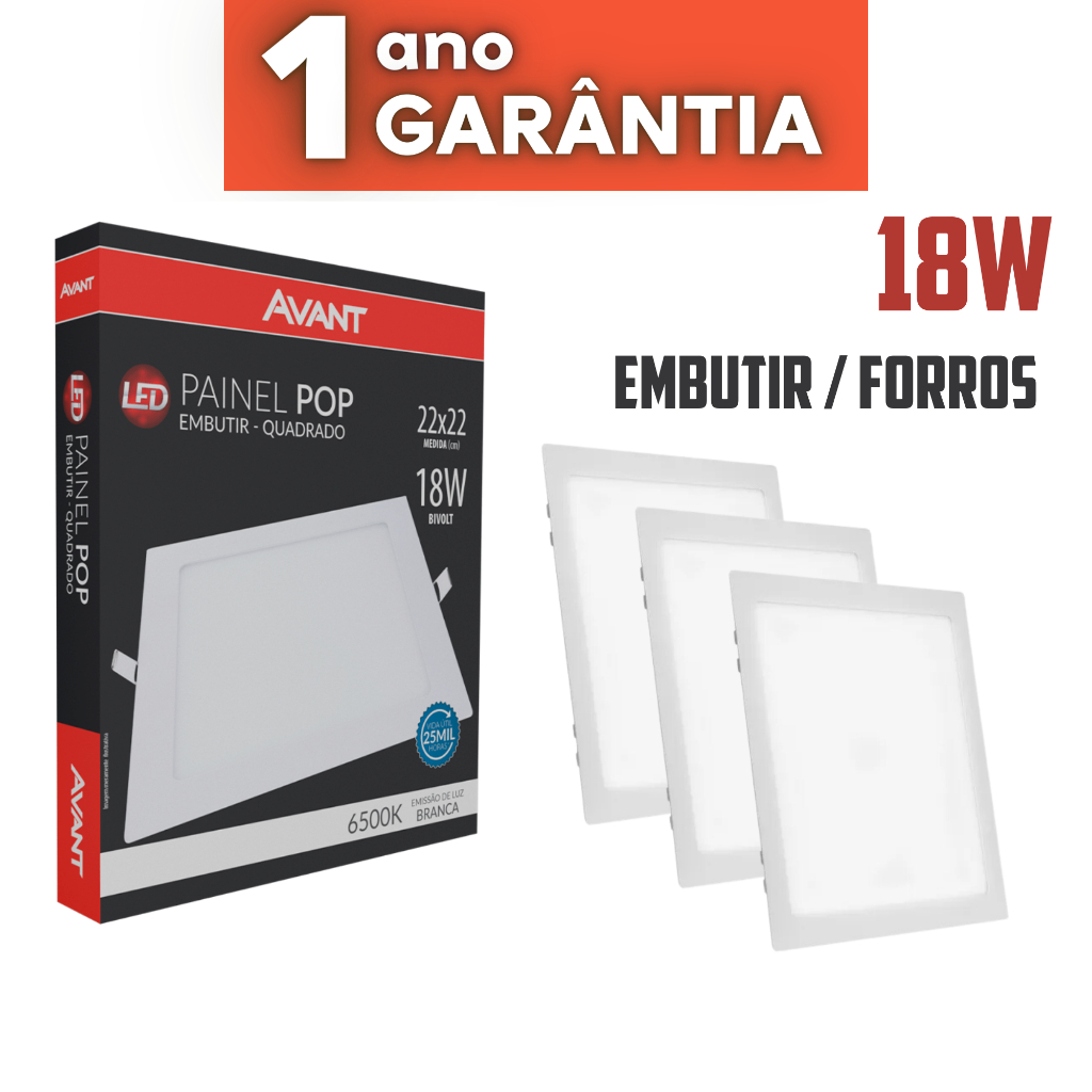 Kit 10 Luminárias Painel Plafon Led 18W Quadrado Embutir Branco 6500k/3000k Avant 01 Ano de Garântia