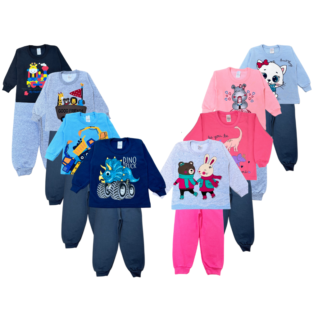 Kit 4 peças conjunto moletom infantil 2 calças e 2 blusas roupa de frio menino ou menina capote inverno manga longa flanelado comprido