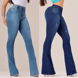 Kit 2 Calças Jeans Feminina Flare Com Elastano Jeans Feminino Calça Pantalona Cintura Alta Calça Flare