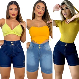 Kit 3 Bermuda Short Jeans Meia Coxa Feminino Cintura Alta Preço Promocional