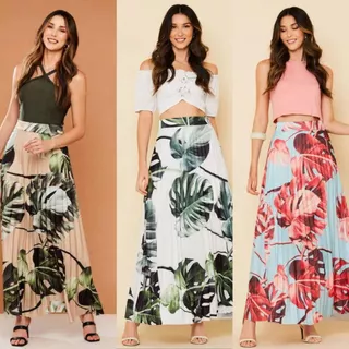 Saia Longa Plissada Estampado Folha Com Forro Moda Tendência Evangélica -031
