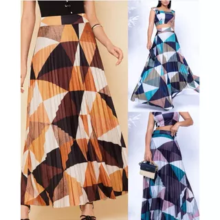 Saia Longa Plissada Estampado xadrez Com Forro Moda Tendência Evangélica -035